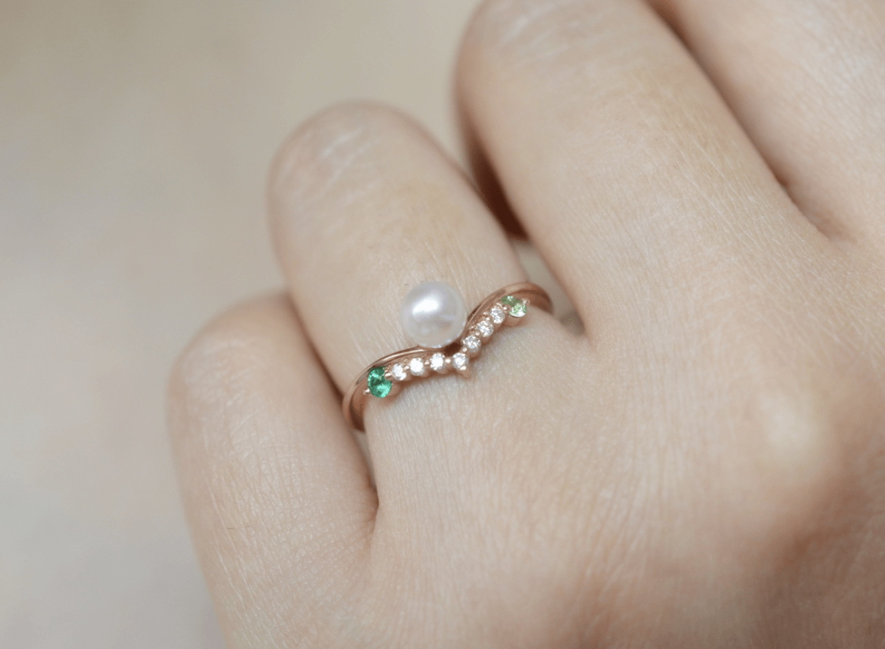 Vintage Zümrüt ve Peridotlu Pırlanta İnci Yüzük - Achernar