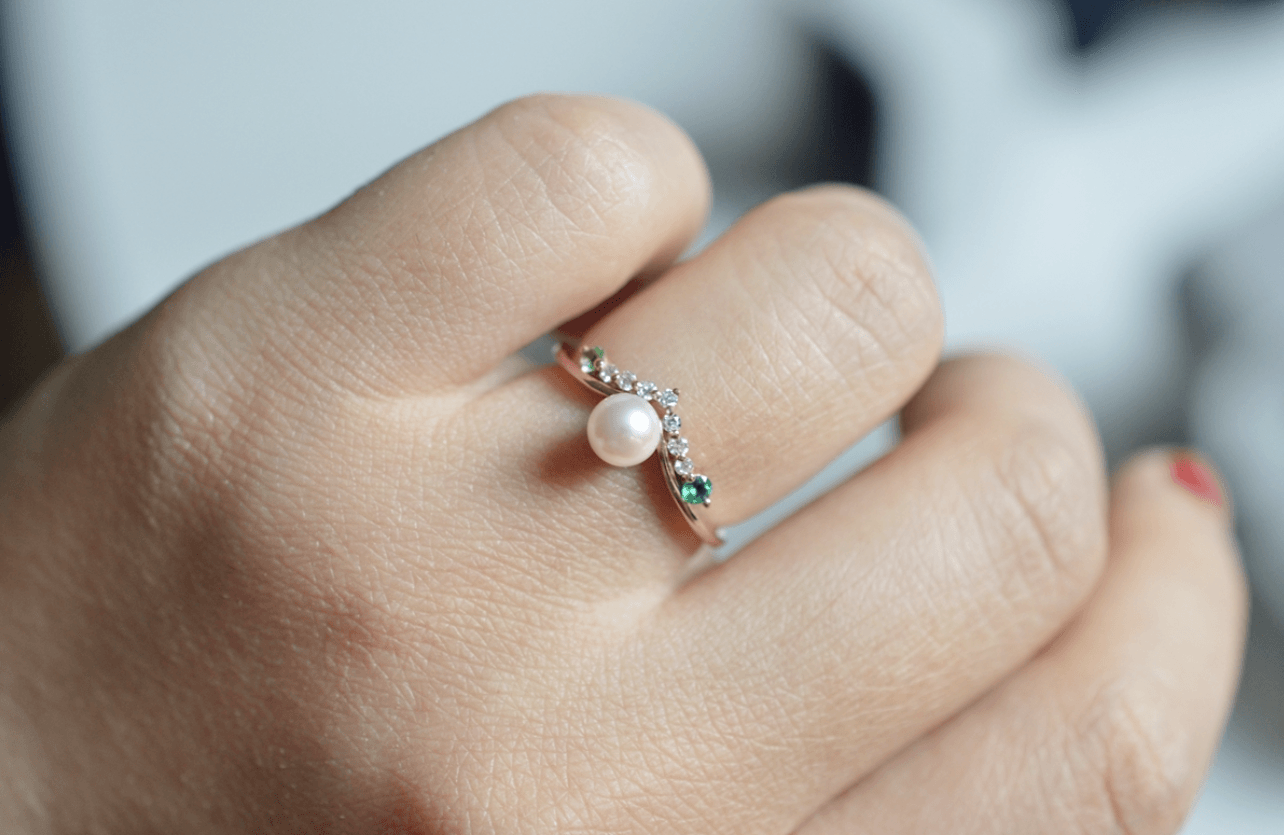 Vintage Zümrüt ve Peridotlu Pırlanta İnci Yüzük - Achernar