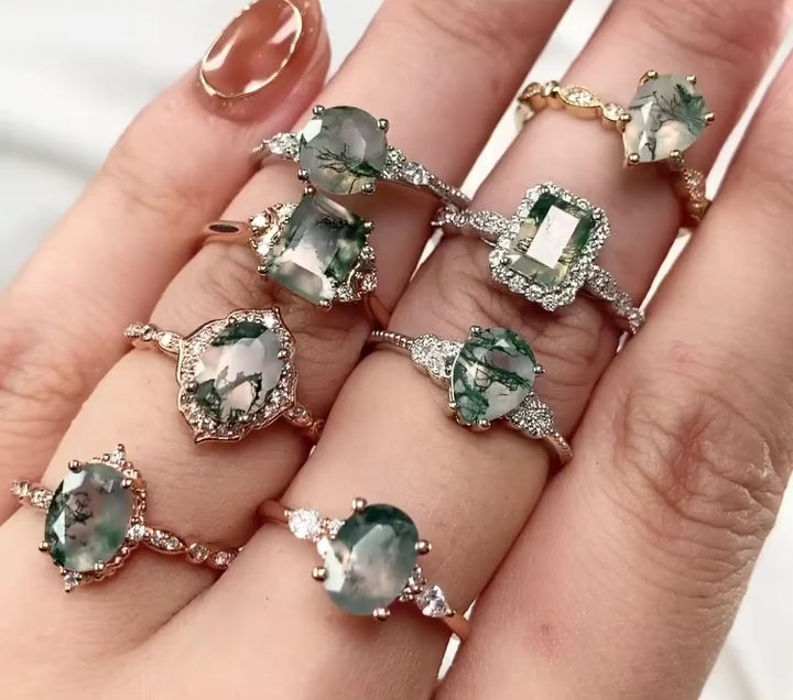 Vintage Oval Moss Agate Pırlanta Yüzük - Heka