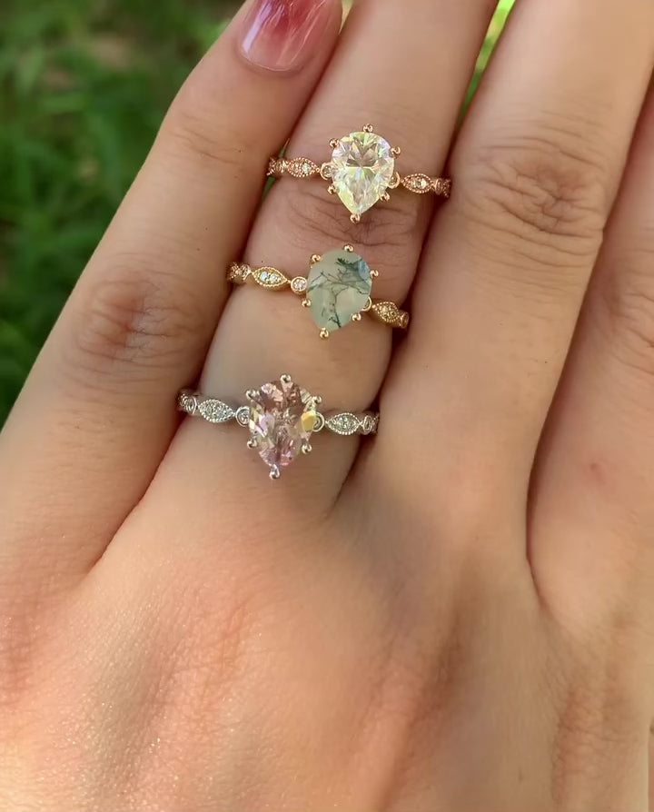 Кольцо с каплевидным узором из мохового агата в винтажном стиле - Spica