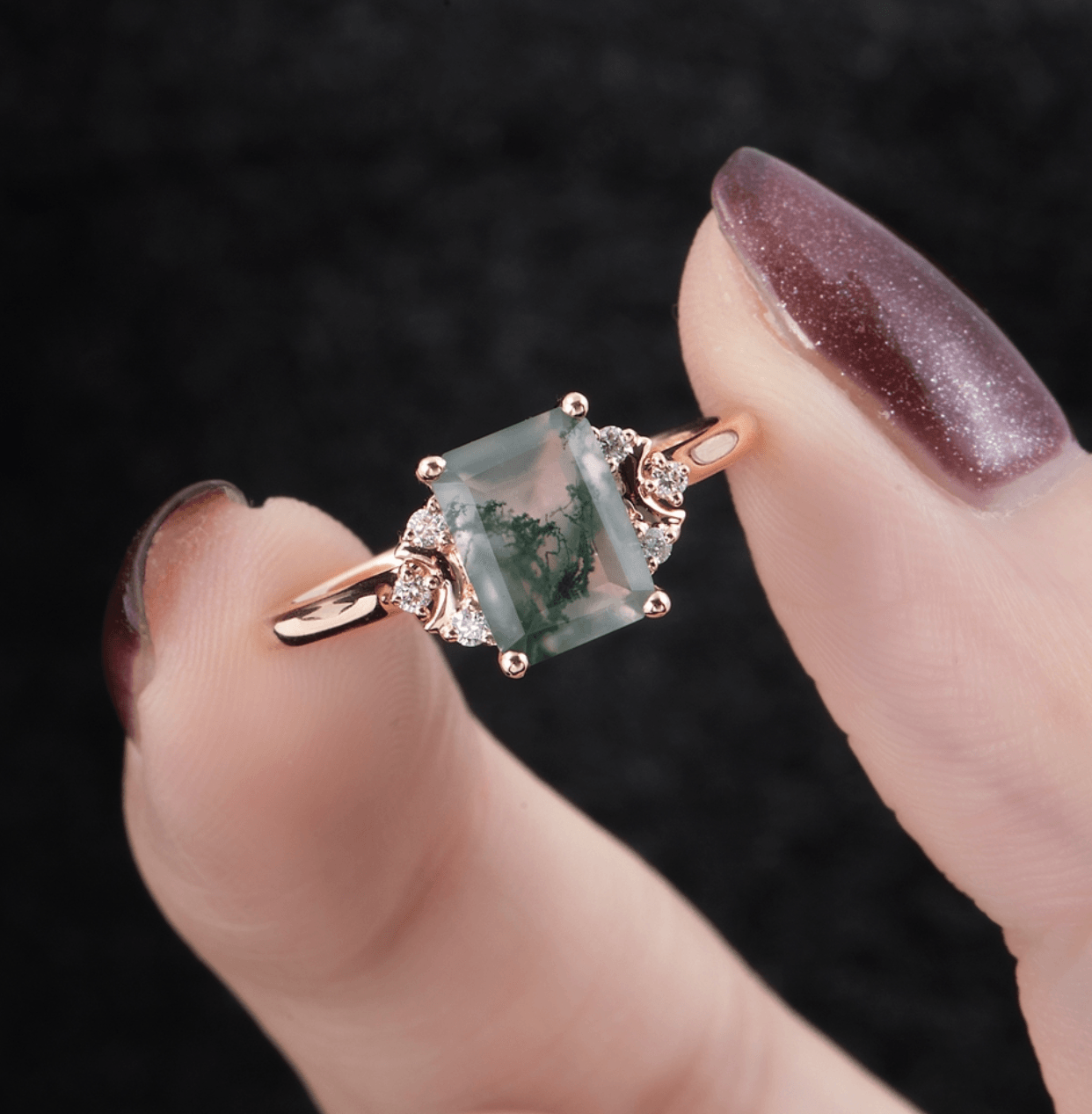 Vintage Yosunlu Akik Hilal Yüzük - Alrakis