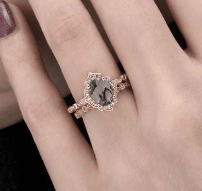 Vintage Oval Yosunlu Akik Yüzük - Azaleh