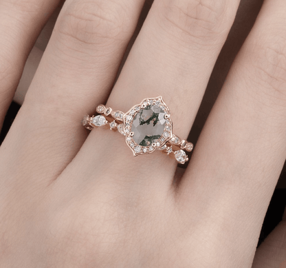 Vintage Oval Yosunlu Akik Yüzük - Azaleh