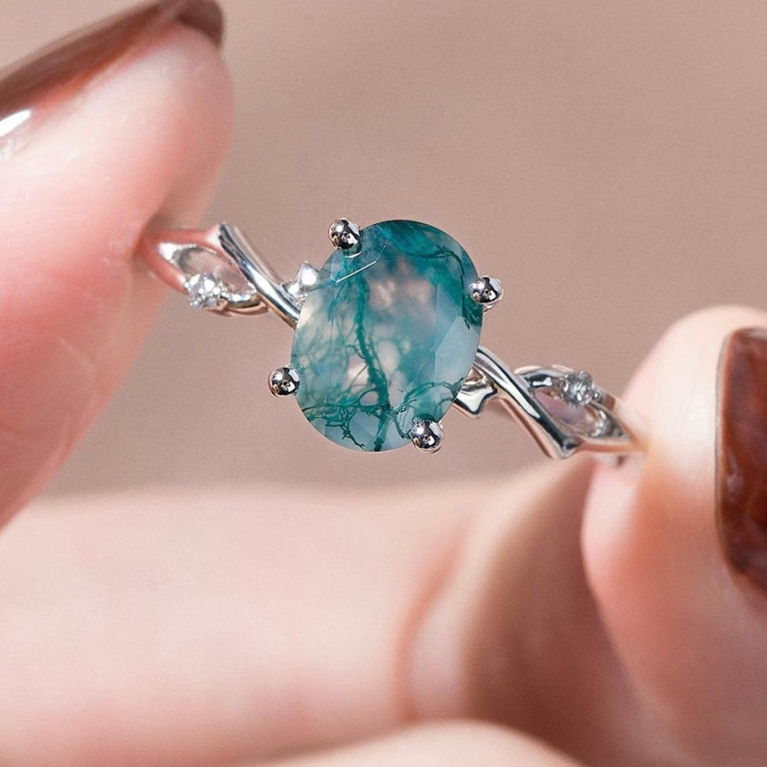 Vintage Oval Yosunlu Akik Yüzük - Sham