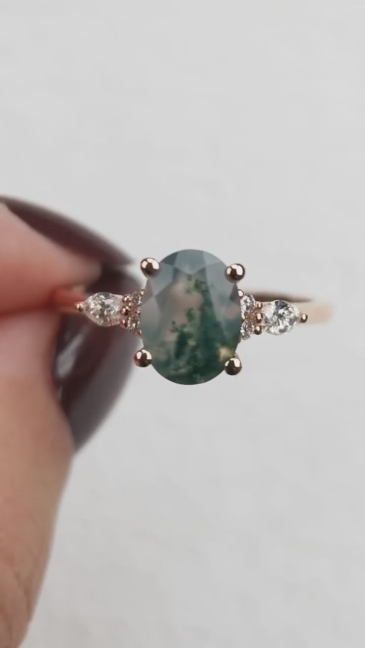 Vintage Oval Moss Agate Pırlanta Yüzük - Heka